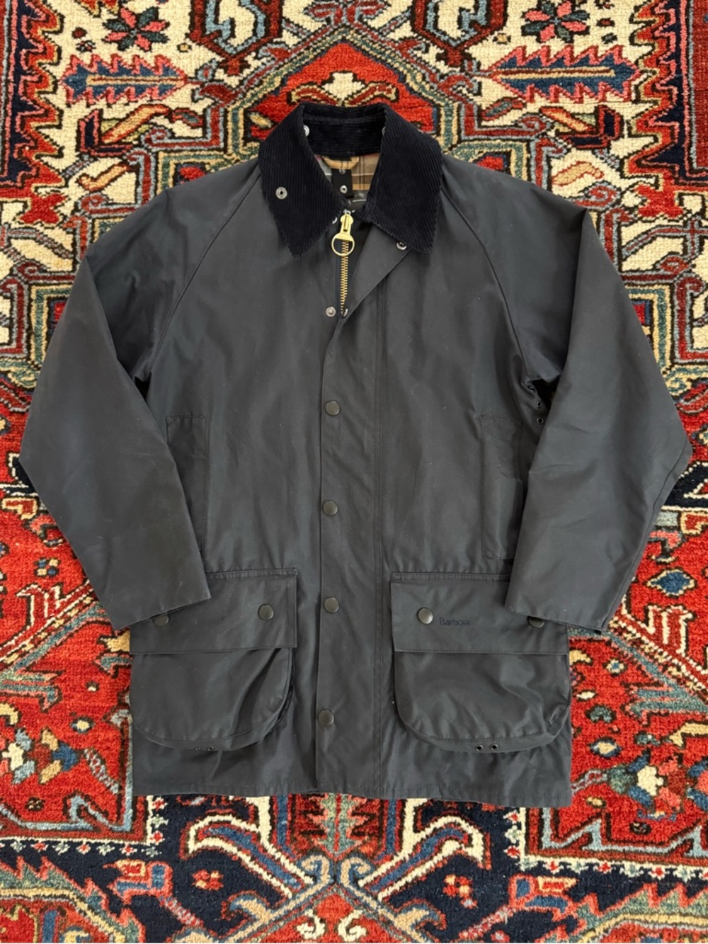 Barbour Beaufort Navy Waxed Cotton Jacket with Corduroy Collar C36